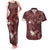 Polynesia Hammerhead Shark Couples Matching Tank Maxi Dress and Hawaiian Shirt Tropical Flowers Tribal Pattern Oxblood