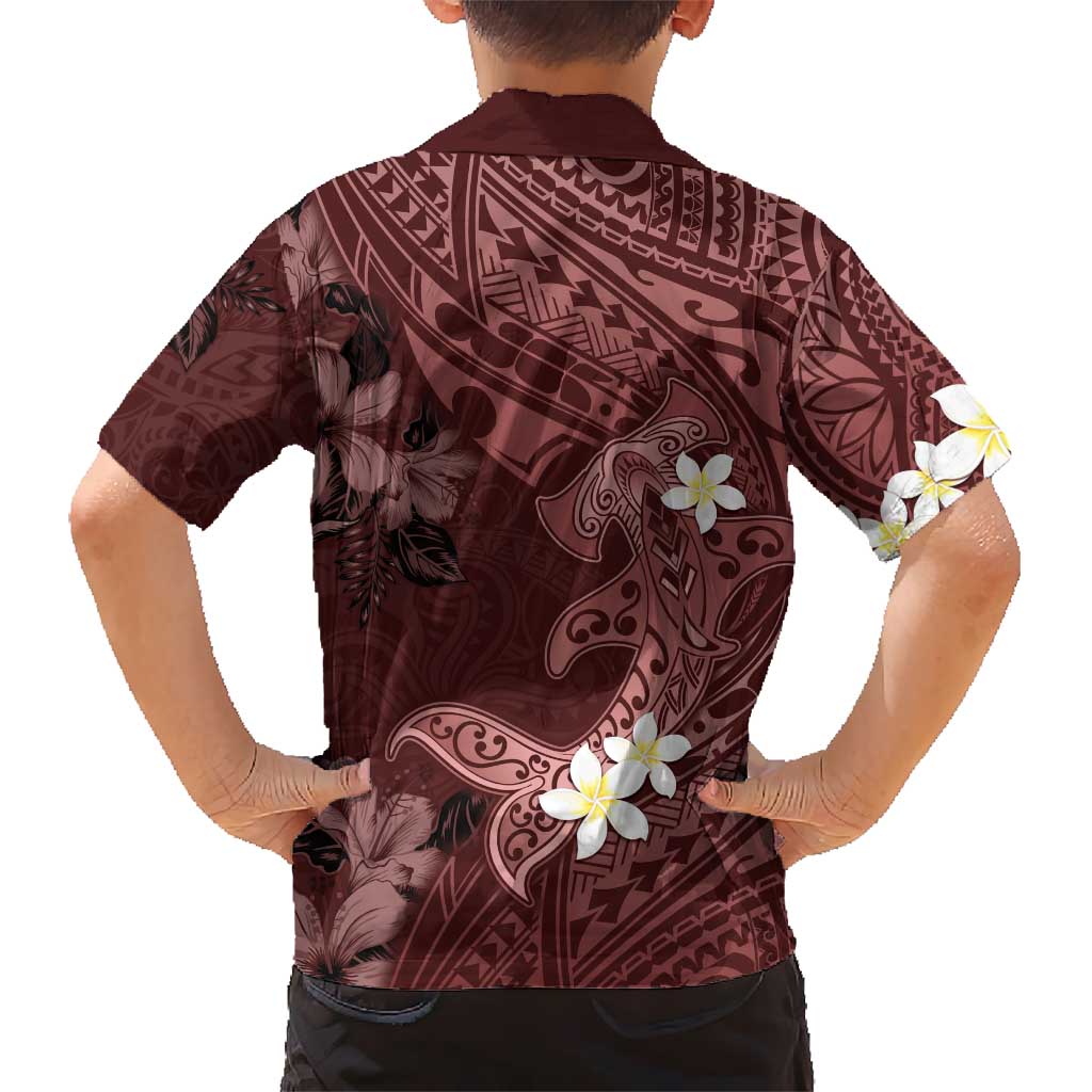 Polynesia Hammerhead Shark Hawaiian Shirt Tropical Flowers Tribal Pattern Oxblood LT05 - Polynesian Pride