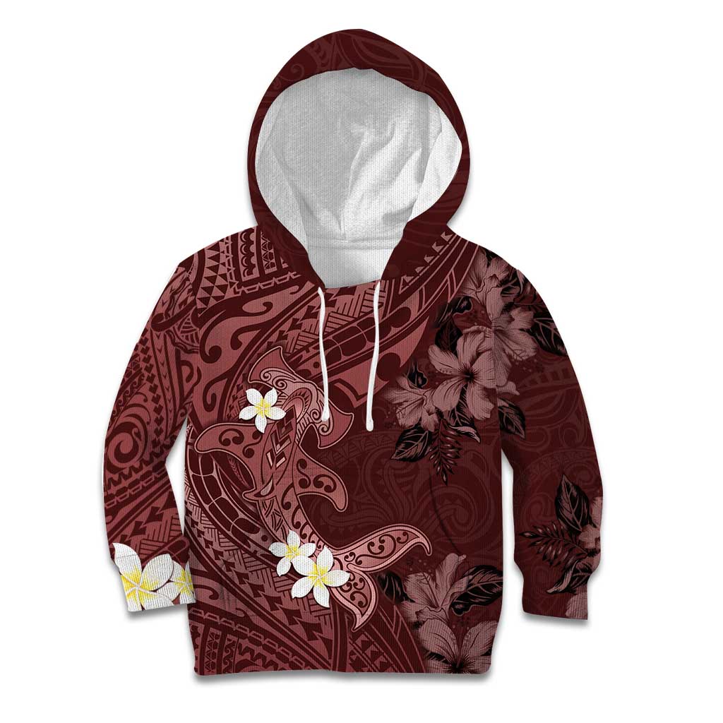 Polynesia Hammerhead Shark Kid Hoodie Tropical Flowers Tribal Pattern Oxblood