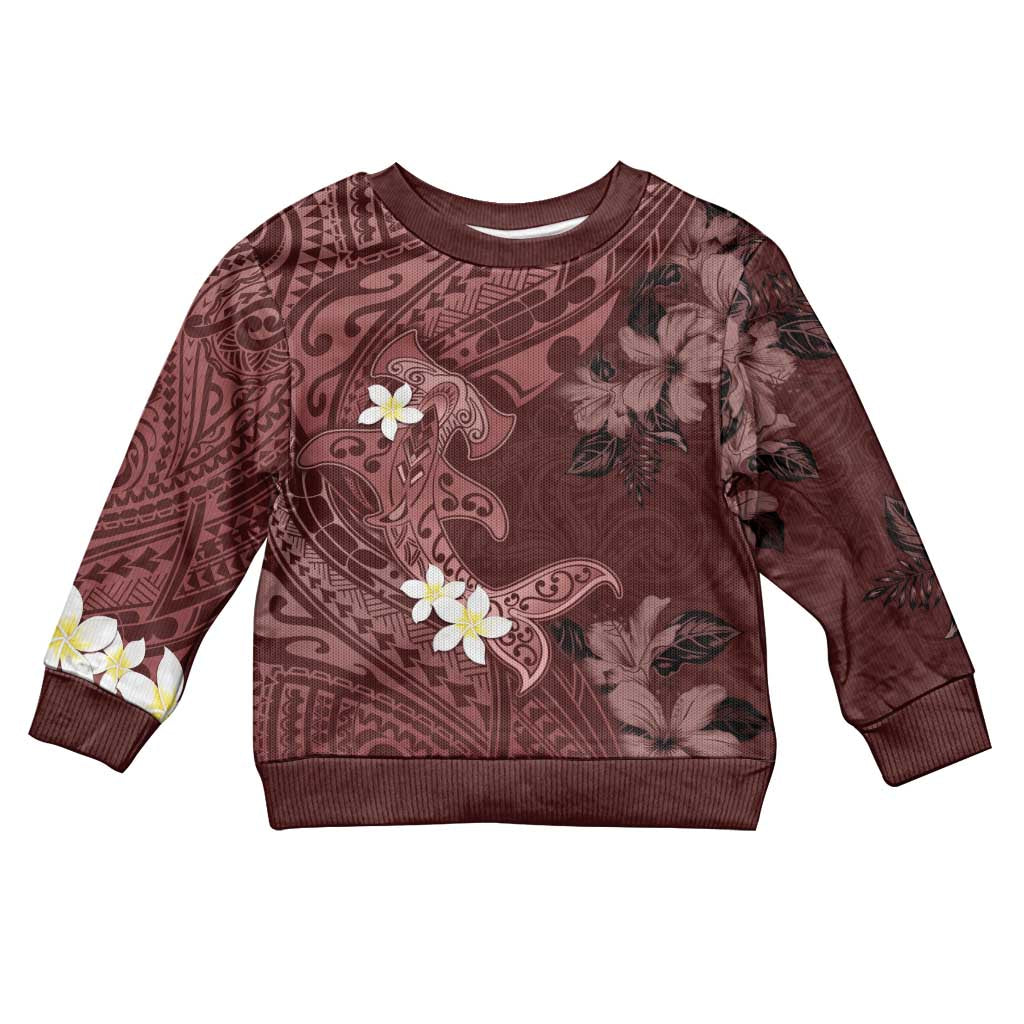 Polynesia Hammerhead Shark Kid Ugly Christmas Sweater Tropical Flowers Tribal Pattern Oxblood LT05 Kid Oxblood - Polynesian Pride