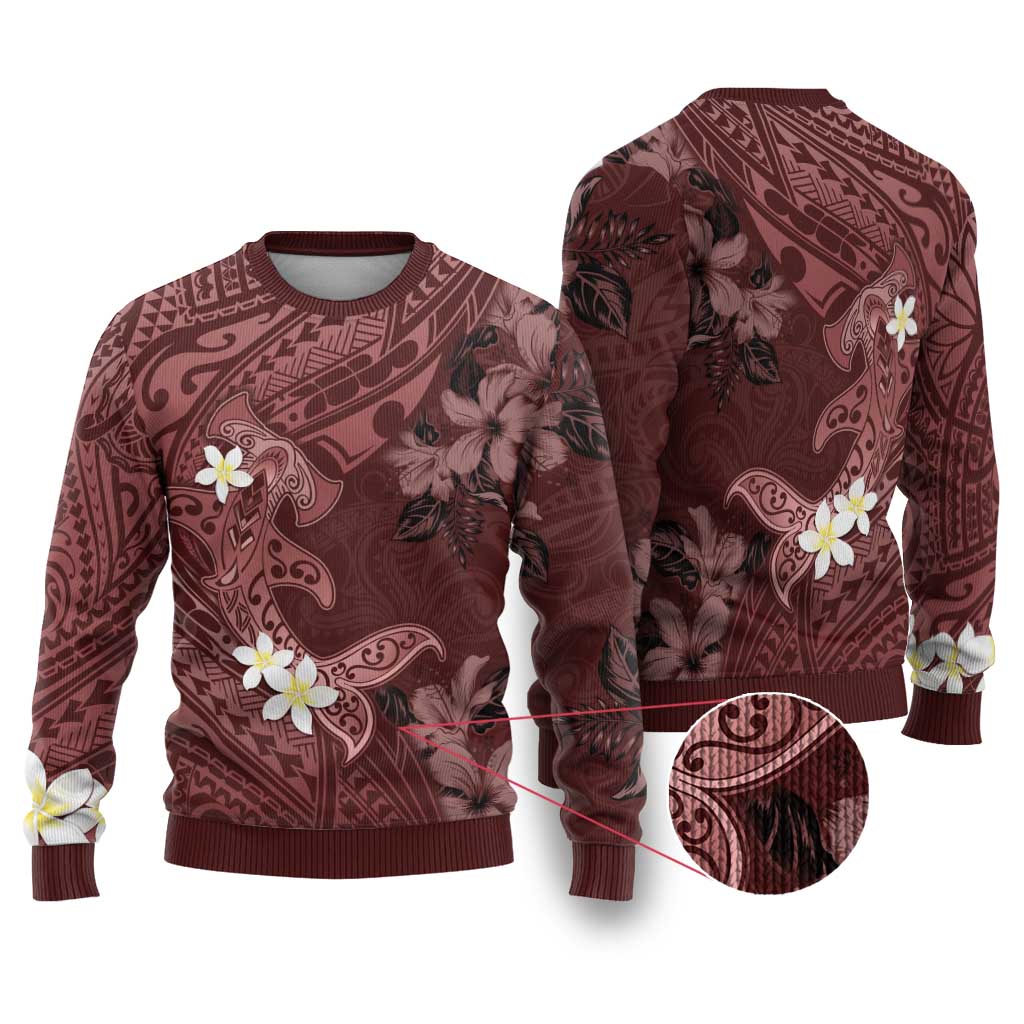 Polynesia Hammerhead Shark Ugly Christmas Sweater Tropical Flowers Tribal Pattern Oxblood LT05 Oxblood - Polynesian Pride