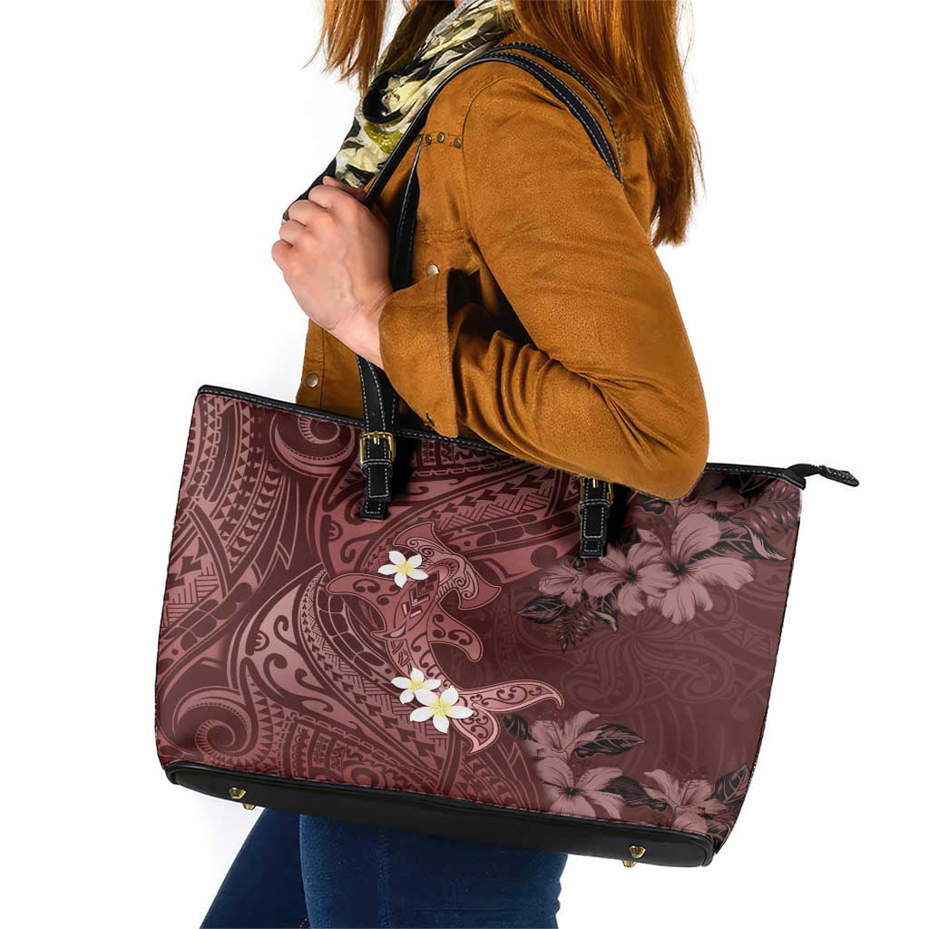 Polynesia Hammerhead Shark Leather Tote Bag Tropical Flowers Tribal Pattern Oxblood LT05 Oxblood - Polynesian Pride