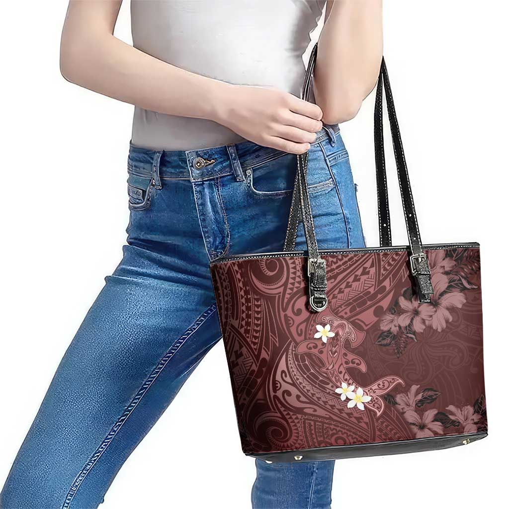 Polynesia Hammerhead Shark Leather Tote Bag Tropical Flowers Tribal Pattern Oxblood LT05 - Polynesian Pride