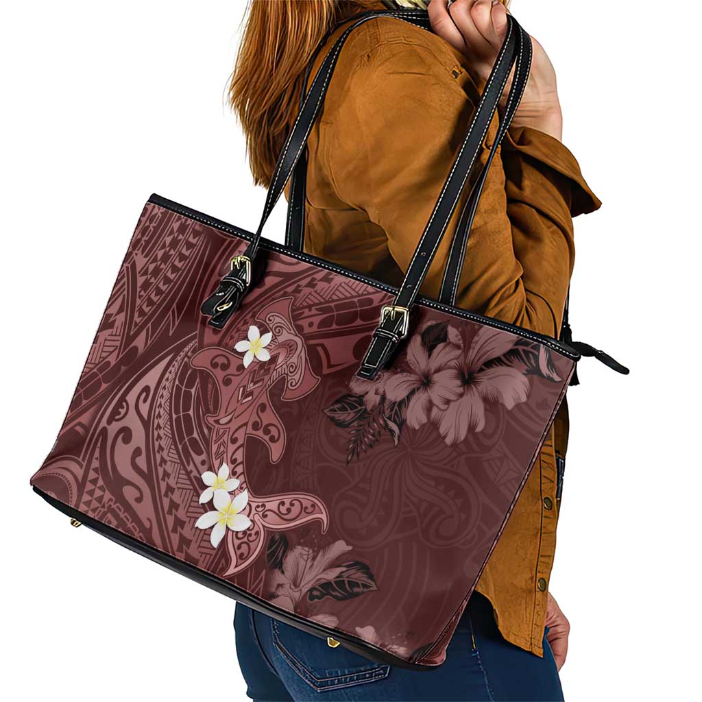 Polynesia Hammerhead Shark Leather Tote Bag Tropical Flowers Tribal Pattern Oxblood LT05 - Polynesian Pride