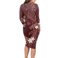 Polynesia Hammerhead Shark Long Sleeve Bodycon Dress Tropical Flowers Tribal Pattern Oxblood LT05 - Polynesian Pride