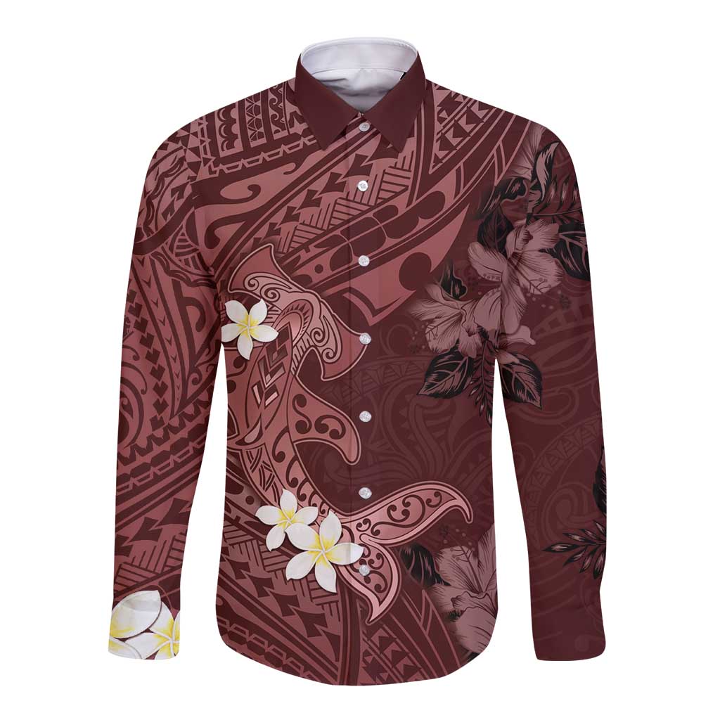 Polynesia Hammerhead Shark Long Sleeve Button Shirt Tropical Flowers Tribal Pattern Oxblood LT05 Unisex Oxblood - Polynesian Pride