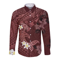 Polynesia Hammerhead Shark Long Sleeve Button Shirt Tropical Flowers Tribal Pattern Oxblood LT05 Unisex Oxblood - Polynesian Pride