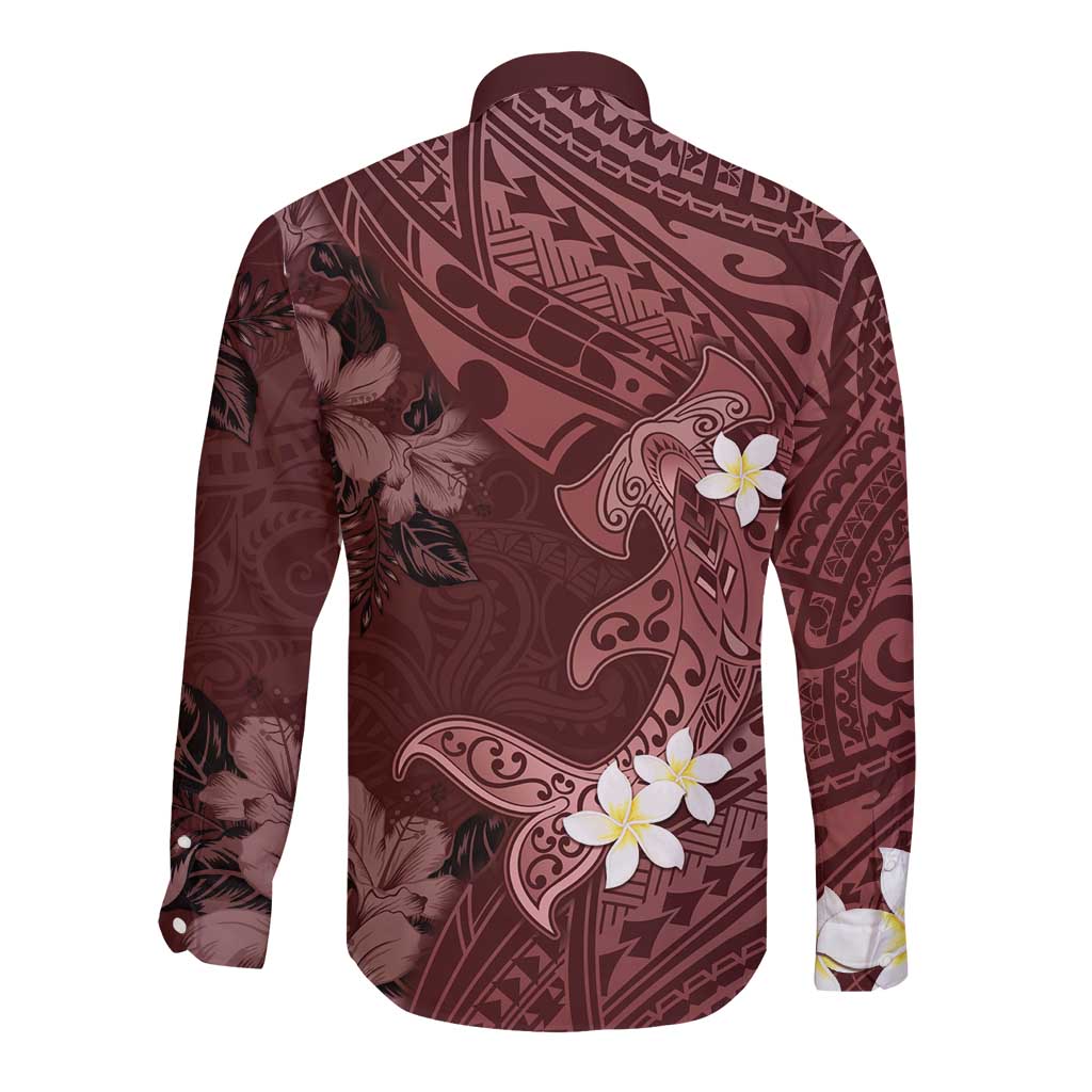 Polynesia Hammerhead Shark Long Sleeve Button Shirt Tropical Flowers Tribal Pattern Oxblood LT05 - Polynesian Pride