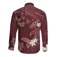 Polynesia Hammerhead Shark Long Sleeve Button Shirt Tropical Flowers Tribal Pattern Oxblood LT05 - Polynesian Pride