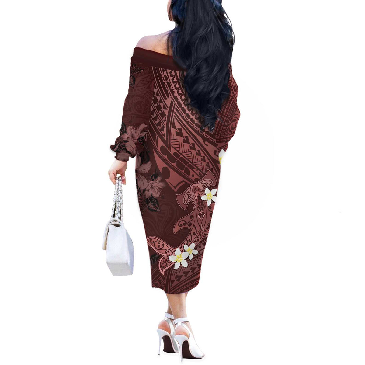 Polynesia Hammerhead Shark Off The Shoulder Long Sleeve Dress Tropical Flowers Tribal Pattern Oxblood LT05 - Polynesian Pride