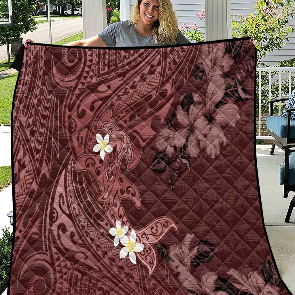 Polynesia Hammerhead Shark Quilt Tropical Flowers Tribal Pattern Oxblood