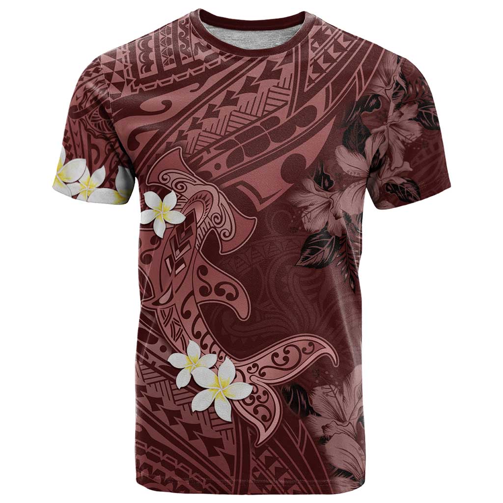 Polynesia Hammerhead Shark T Shirt Tropical Flowers Tribal Pattern Oxblood LT05 Oxblood - Polynesian Pride