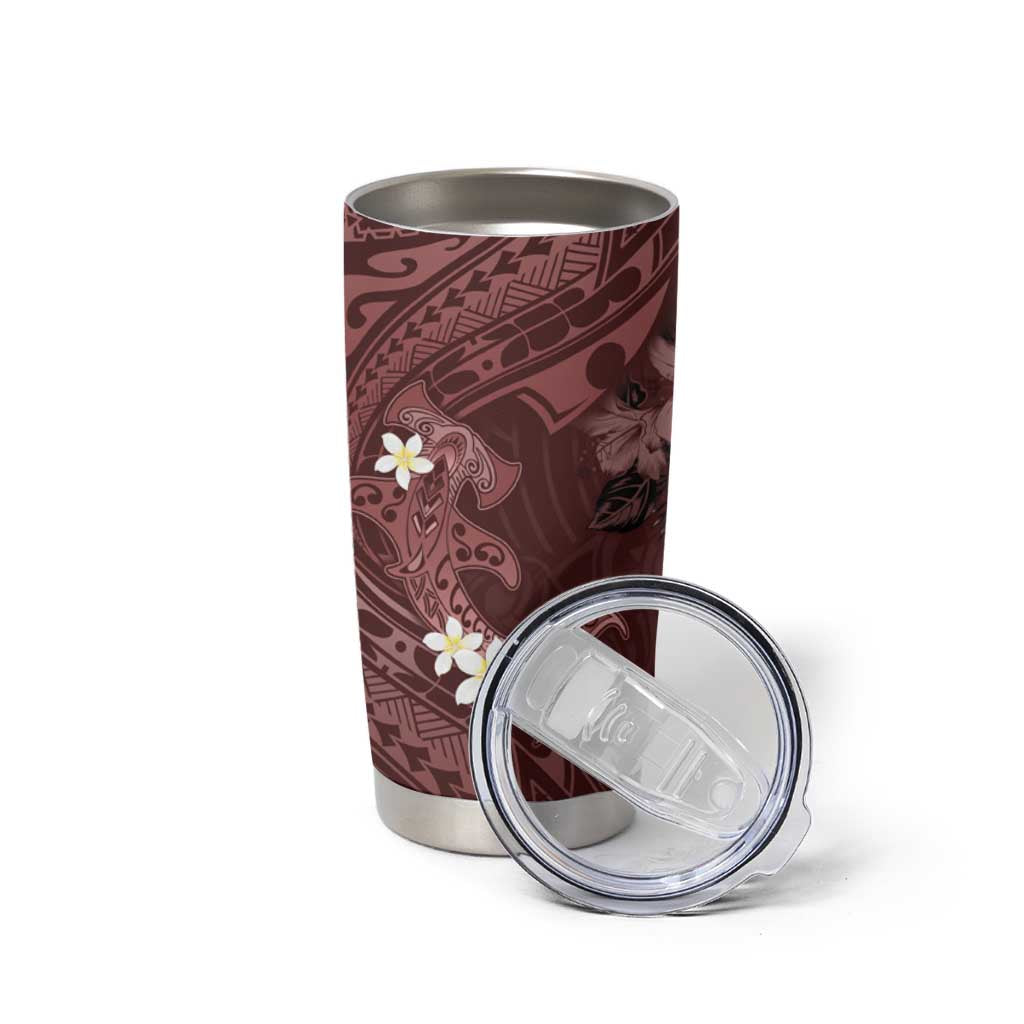 Polynesia Hammerhead Shark Tumbler Cup Tropical Flowers Tribal Pattern Oxblood LT05 - Polynesian Pride
