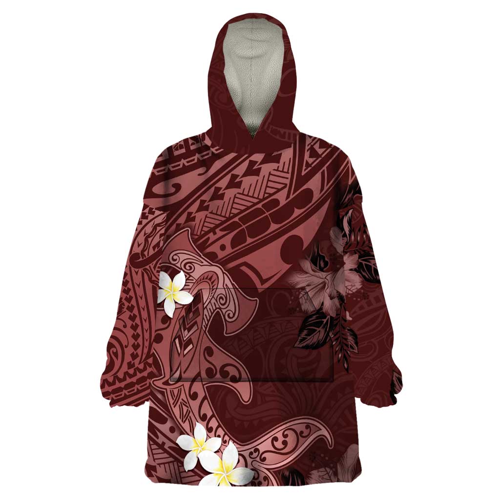 Polynesia Hammerhead Shark Wearable Blanket Hoodie Tropical Flowers Tribal Pattern Oxblood