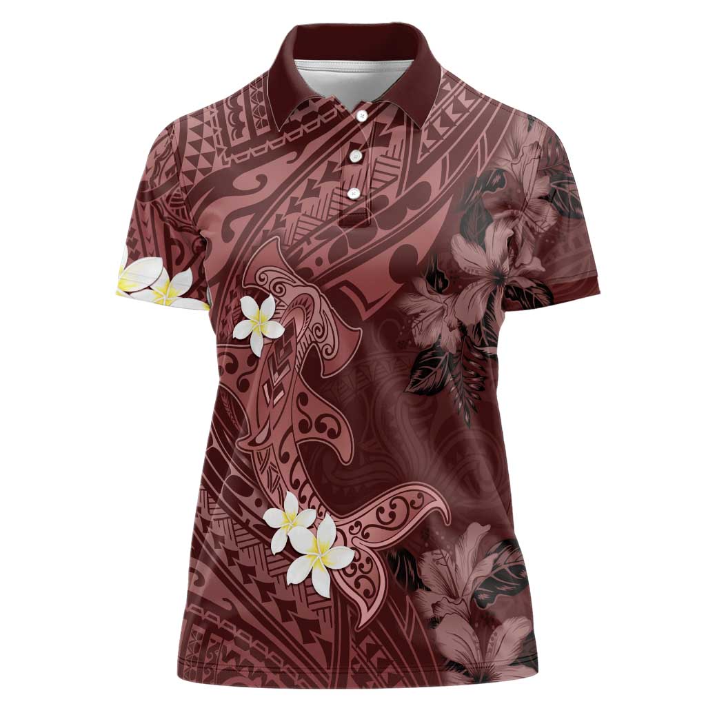 Polynesia Hammerhead Shark Women Polo Shirt Tropical Flowers Tribal Pattern Oxblood LT05 Female Oxblood - Polynesian Pride
