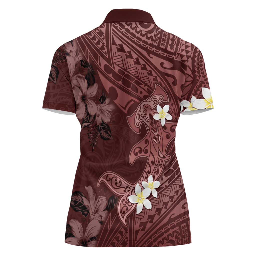 Polynesia Hammerhead Shark Women Polo Shirt Tropical Flowers Tribal Pattern Oxblood LT05 - Polynesian Pride