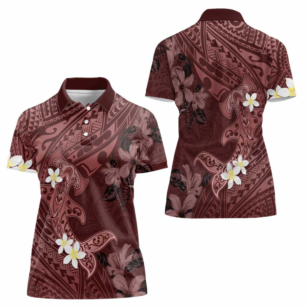 Polynesia Hammerhead Shark Women Polo Shirt Tropical Flowers Tribal Pattern Oxblood LT05 - Polynesian Pride
