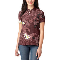 Polynesia Hammerhead Shark Women Polo Shirt Tropical Flowers Tribal Pattern Oxblood LT05 - Polynesian Pride