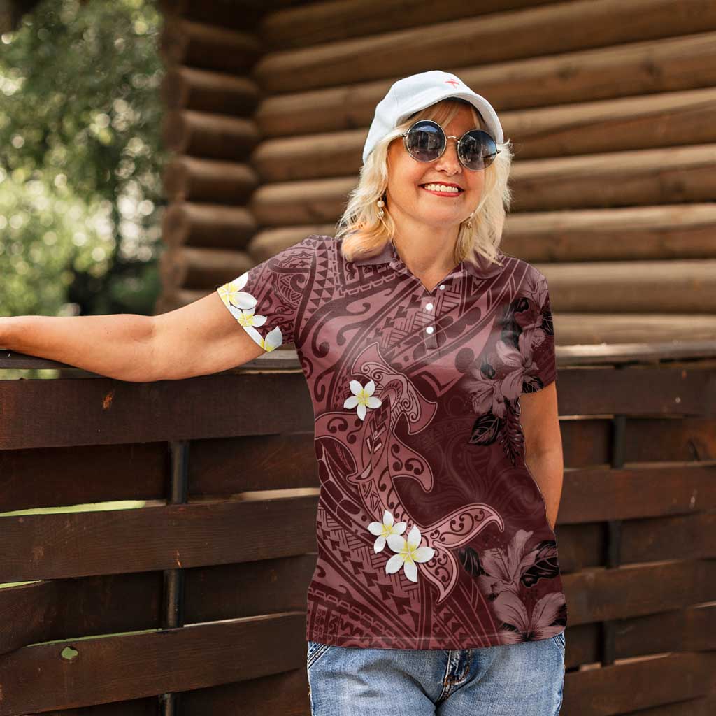 Polynesia Hammerhead Shark Women Polo Shirt Tropical Flowers Tribal Pattern Oxblood LT05 - Polynesian Pride