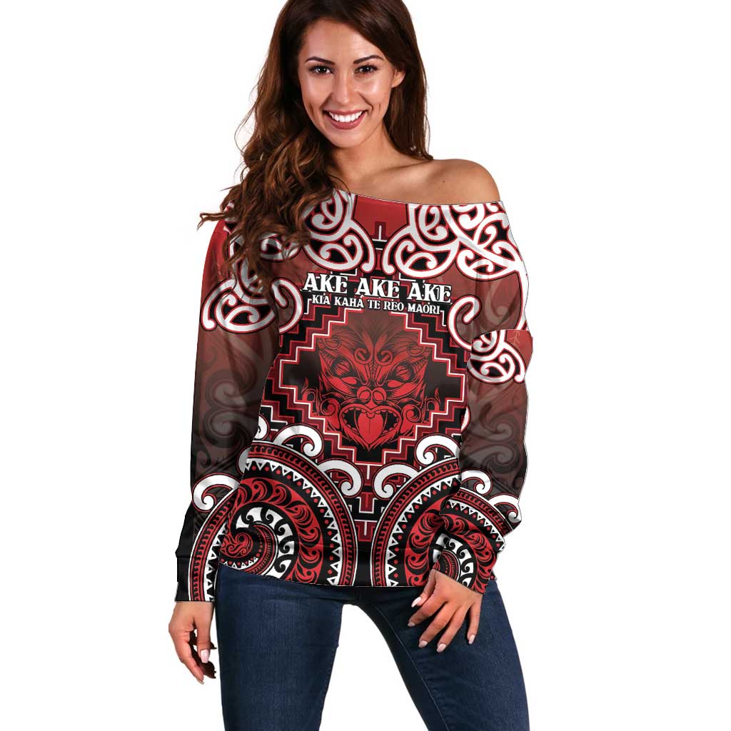 Personalised New Zealand Aotearoa Off Shoulder Sweater Te Reo Maori Ake Ake Ake LT05 Women Red - Polynesian Pride
