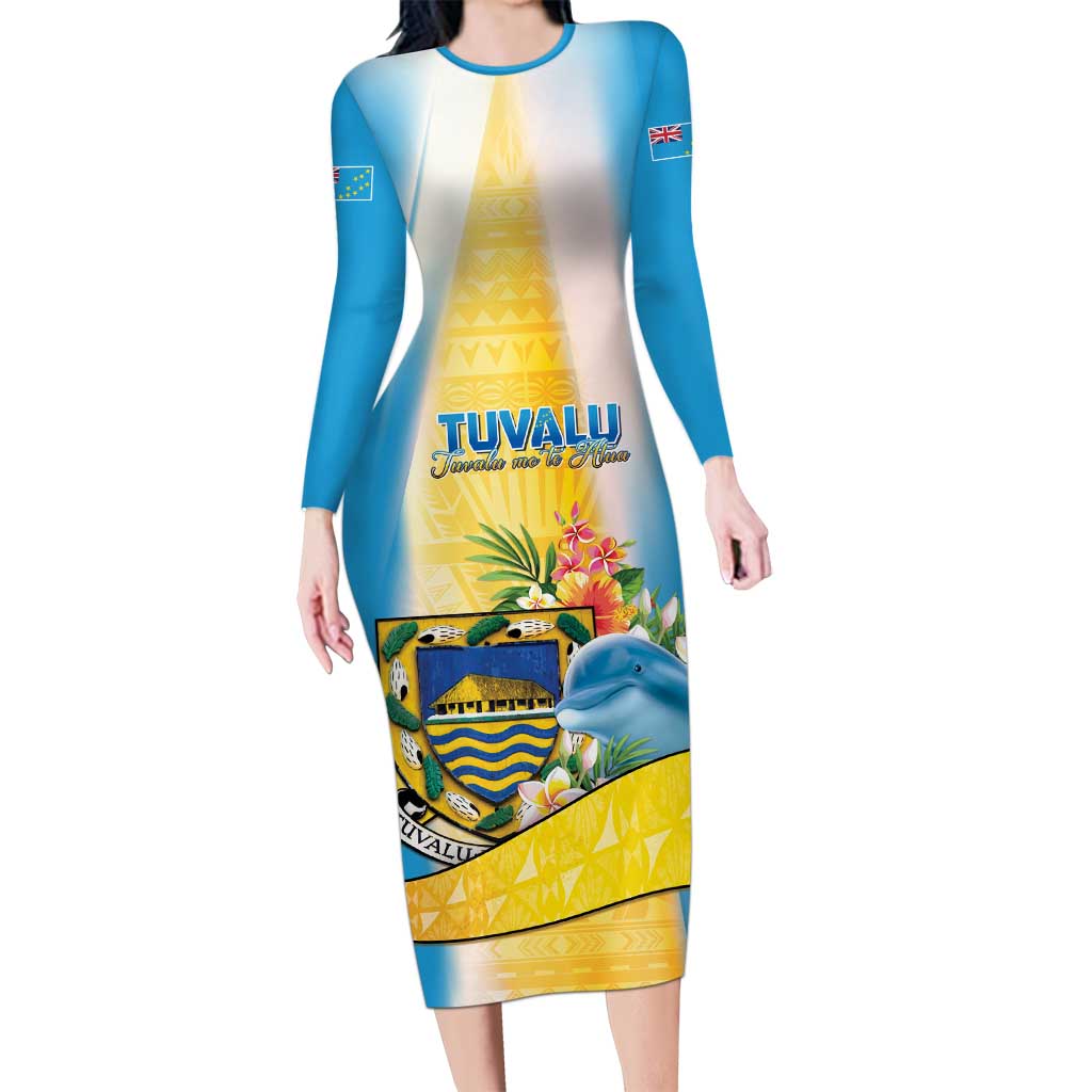 Personalised Tuvalu Independence Day Long Sleeve Bodycon Dress Tuvalu Mo Te Atua LT05 Long Dress Yellow - Polynesian Pride