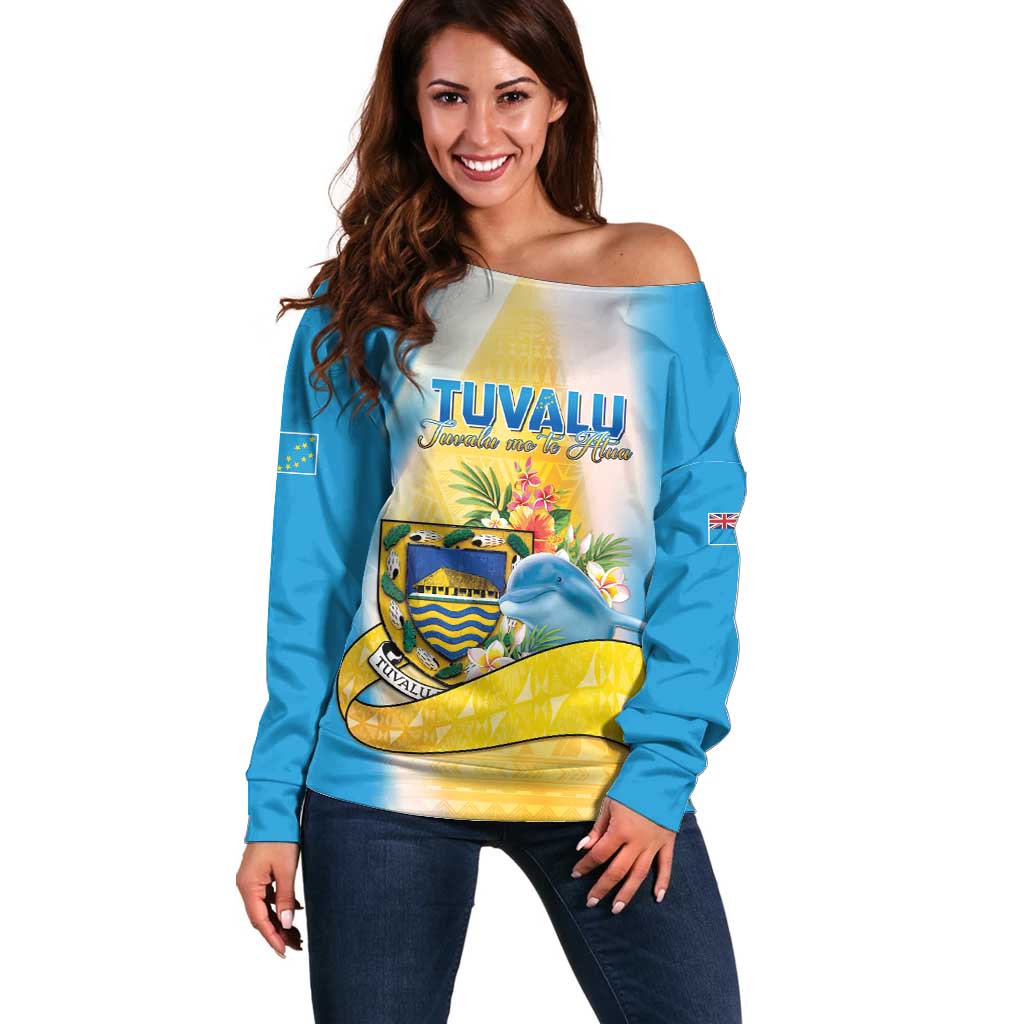 Personalised Tuvalu Independence Day Off Shoulder Sweater Tuvalu Mo Te Atua LT05 Women Yellow - Polynesian Pride