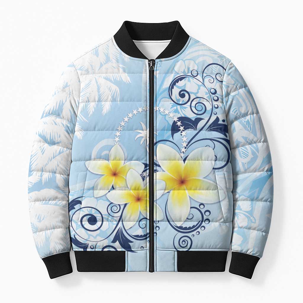 FSM Chuuk Constitution Day Bomber Puffer Jacket Polynesian Curves Plumeria LT05 Unisex Blue - Polynesian Pride