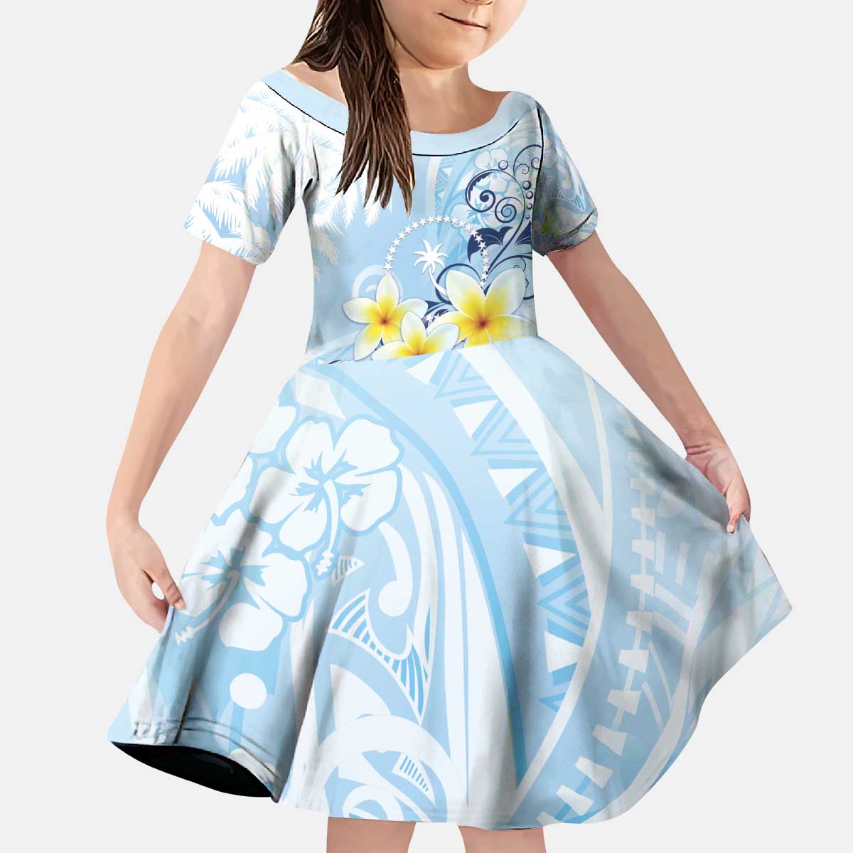 FSM Chuuk Constitution Day Kid Short Sleeve Dress Polynesian Curves Plumeria LT05 KID Blue - Polynesian Pride