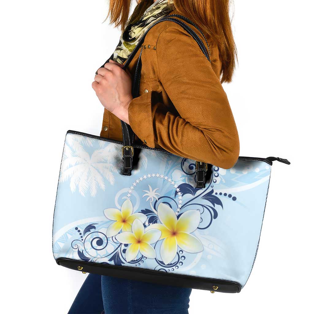 FSM Chuuk Constitution Day Leather Tote Bag Polynesian Curves Plumeria LT05 Blue - Polynesian Pride