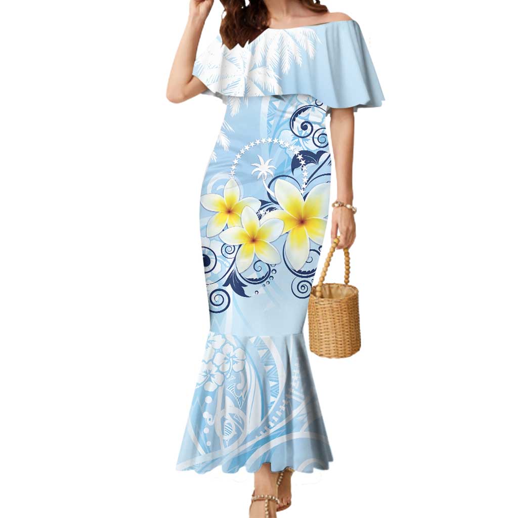 FSM Chuuk Constitution Day Mermaid Dress Polynesian Curves Plumeria LT05 Women Blue - Polynesian Pride