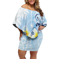 FSM Chuuk Constitution Day Off Shoulder Short Dress Polynesian Curves Plumeria LT05 Women Blue - Polynesian Pride