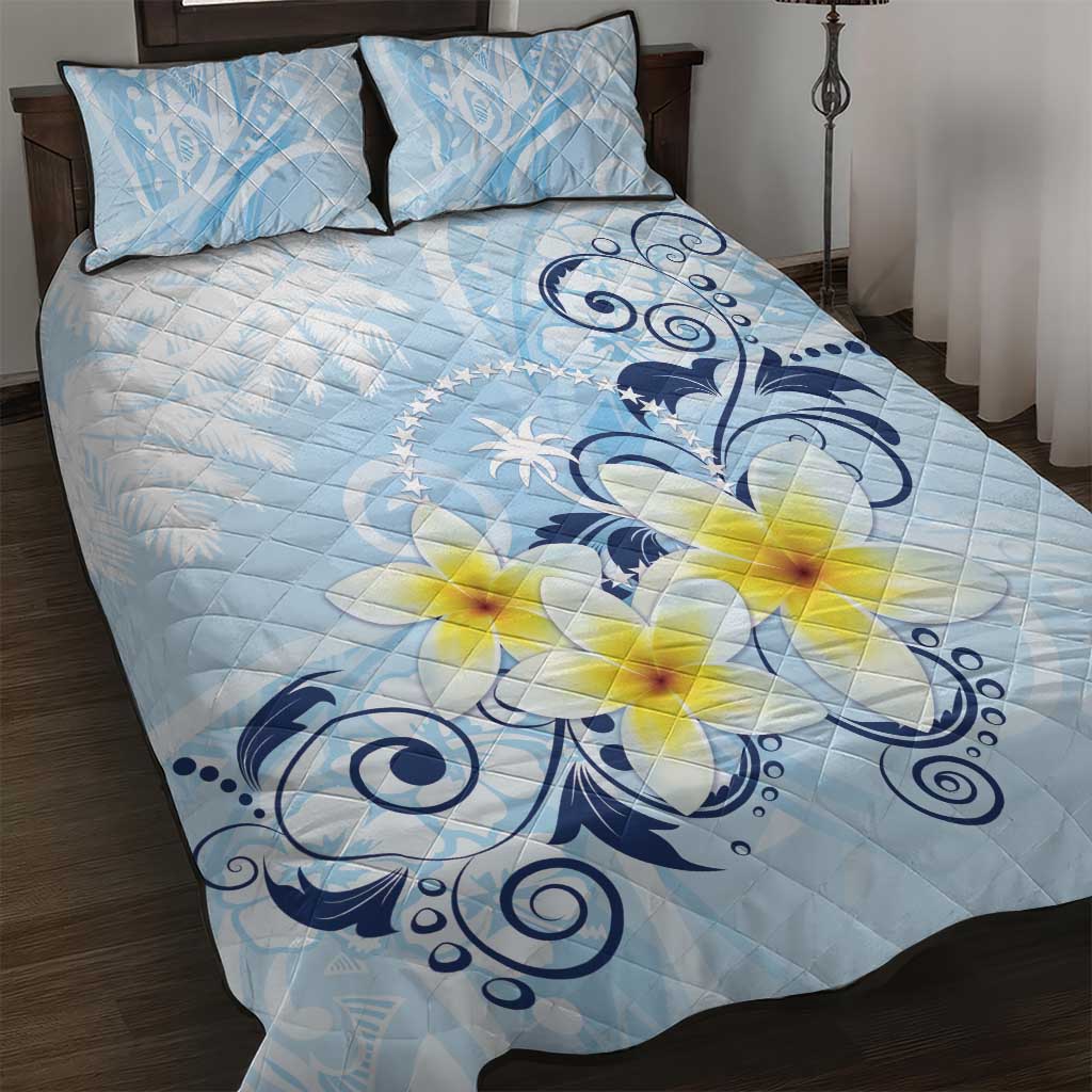 FSM Chuuk Constitution Day Quilt Bed Set Polynesian Curves Plumeria LT05 Blue - Polynesian Pride