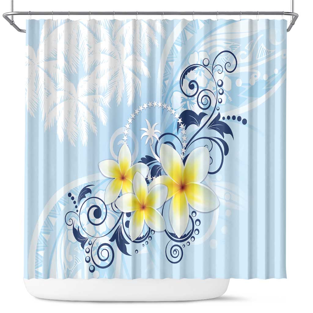 FSM Chuuk Constitution Day Shower Curtain Polynesian Curves Plumeria LT05 Blue - Polynesian Pride