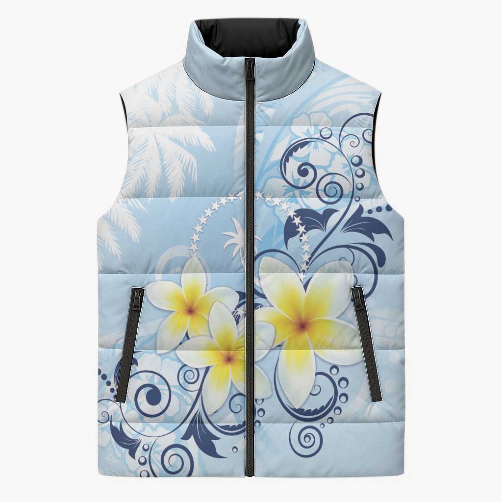 FSM Chuuk Constitution Day Sleeveless Puffer Jacket Polynesian Curves Plumeria LT05 Unisex Blue - Polynesian Pride