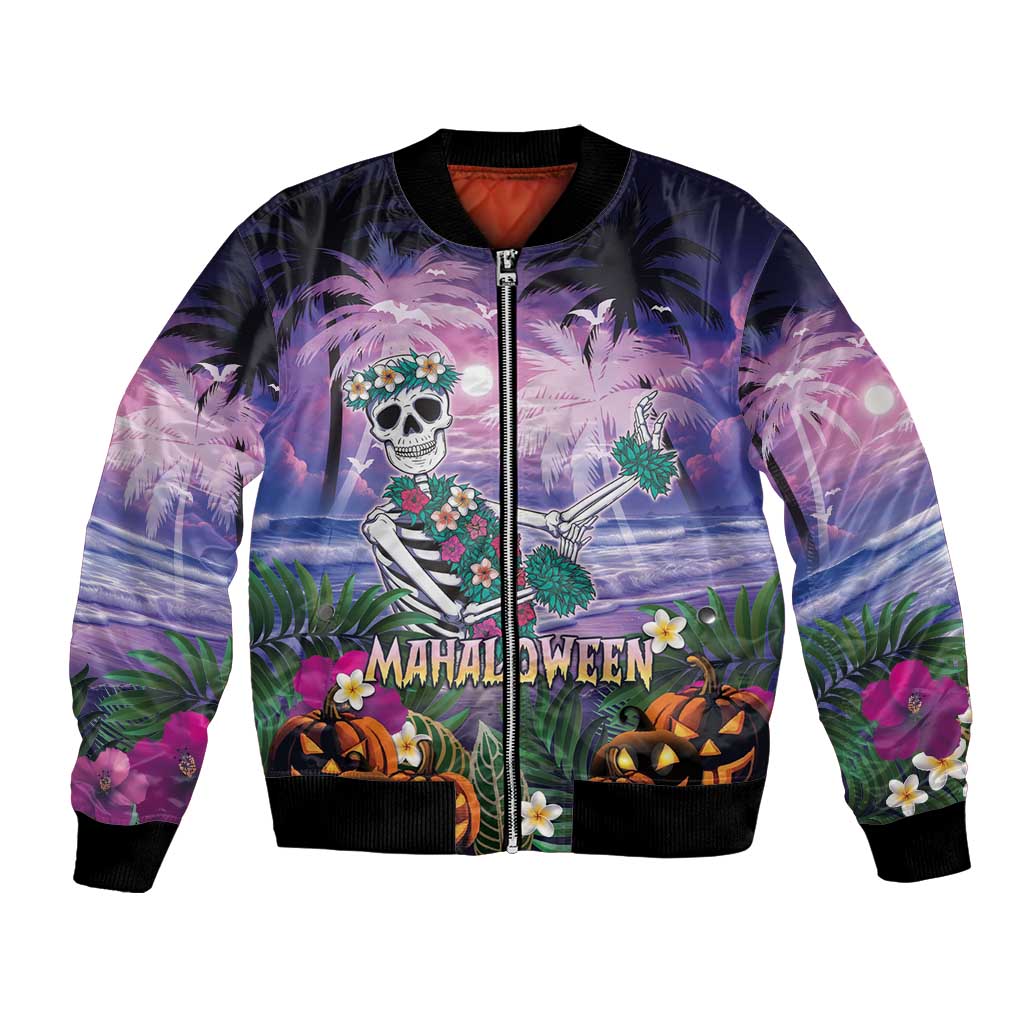Happy Hulaween Bomber Jacket Mahaloween Skeleton Dancing LT05 Unisex Purple - Polynesian Pride
