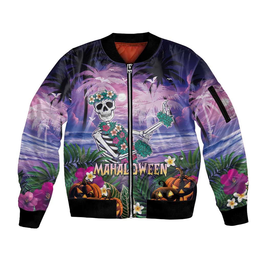 Happy Hulaween Sleeve Zip Bomber Jacket Mahaloween Skeleton Dancing LT05 Unisex Purple - Polynesian Pride