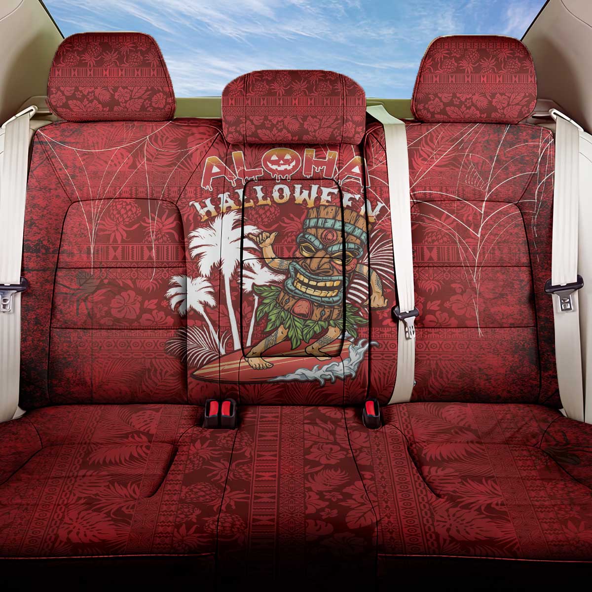 Aloha Halloween Back Car Seat Cover Skeleton Surfing LT05 One Size Red - Polynesian Pride