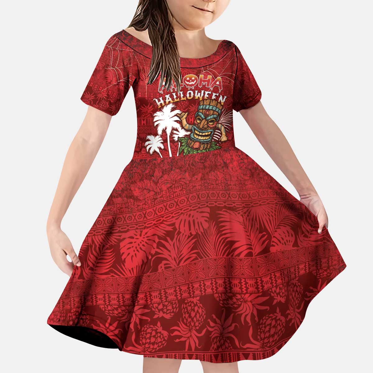 Personalised Aloha Halloween Kid Short Sleeve Dress Skeleton Surfing LT05 KID Red - Polynesian Pride