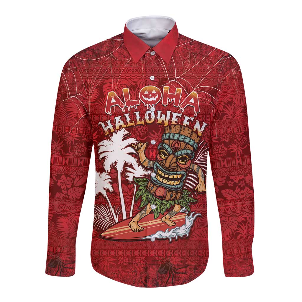 Personalised Aloha Halloween Long Sleeve Button Shirt Skeleton Surfing LT05 Unisex Red - Polynesian Pride