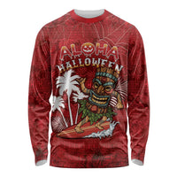 Personalised Aloha Halloween Long Sleeve Shirt Skeleton Surfing LT05 Unisex Red - Polynesian Pride