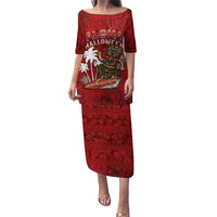 Personalised Aloha Halloween Puletasi Skeleton Surfing LT05 Long Dress Red - Polynesian Pride