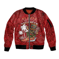 Personalised Aloha Halloween Sleeve Zip Bomber Jacket Skeleton Surfing LT05 Unisex Red - Polynesian Pride