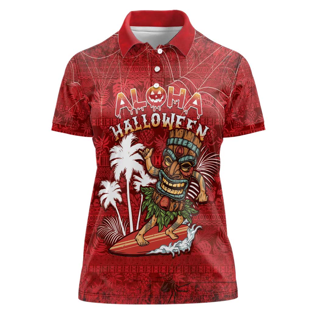 Personalised Aloha Halloween Women Polo Shirt Skeleton Surfing LT05 Female Red - Polynesian Pride