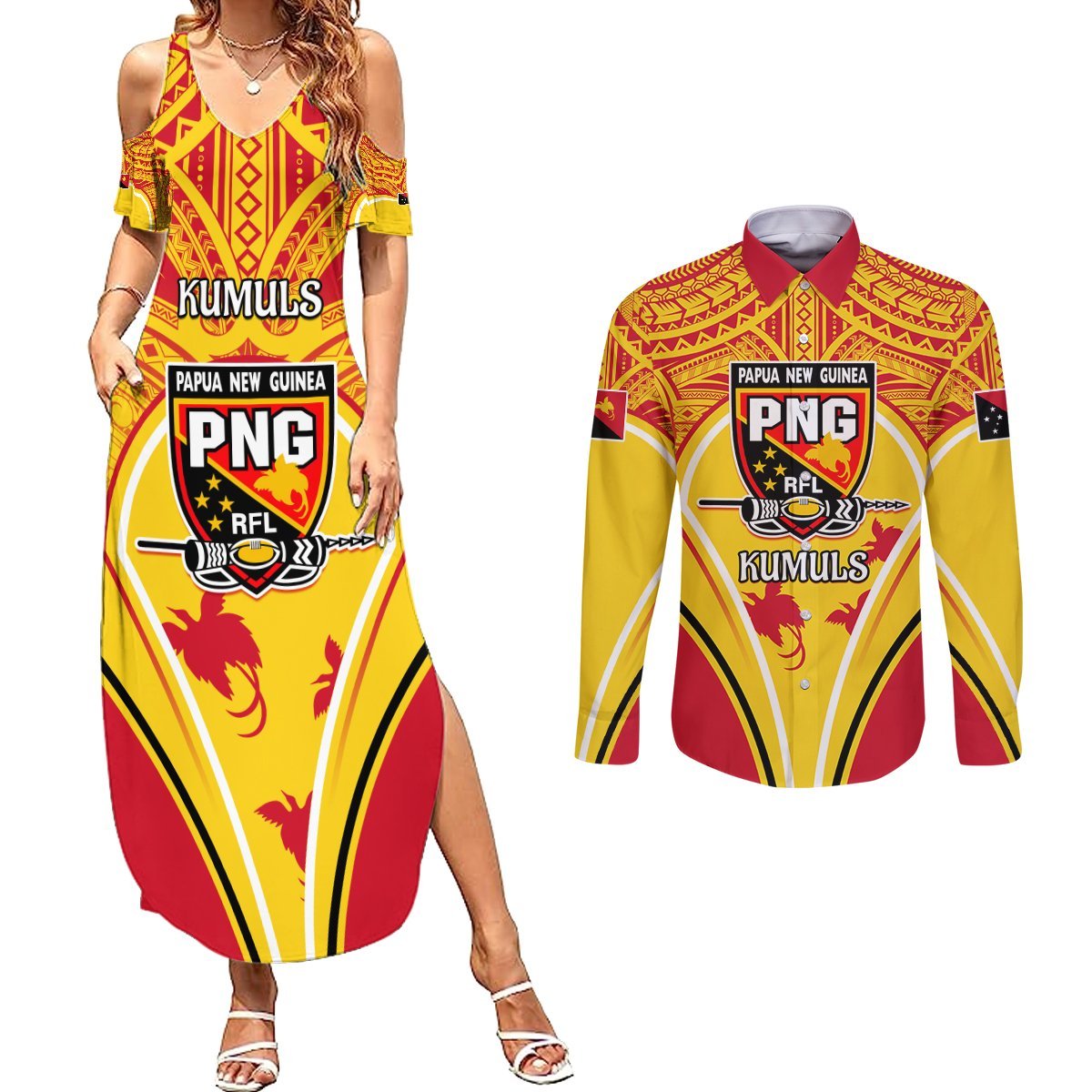 Custom Papua New Guinea Rugby Couples Matching Summer Maxi Dress and Long Sleeve Button Shirt 2023 Pacific Championships The Kumuls LT05 Yellow - Polynesian Pride