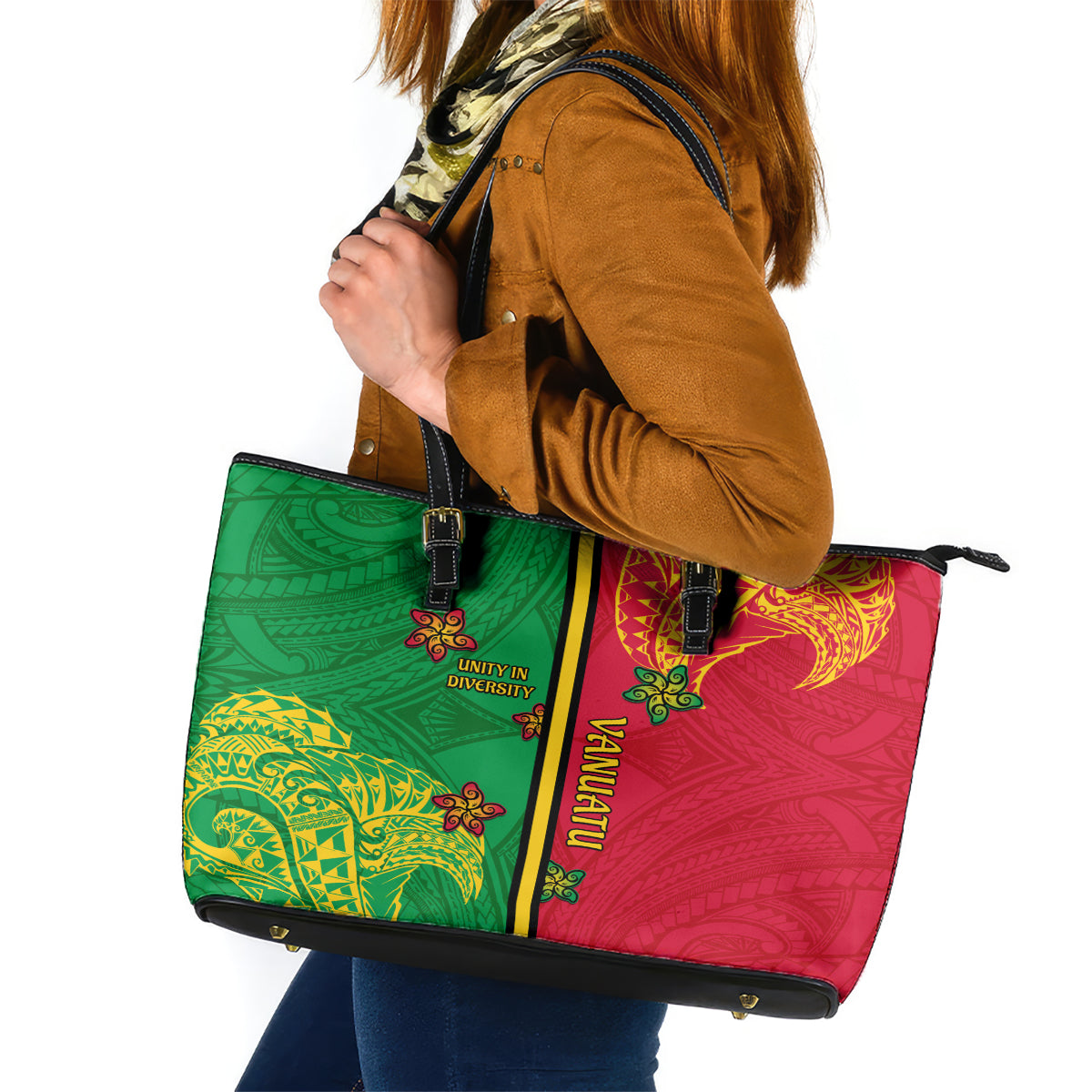 Vanuatu Happy Unity Day Leather Tote Bag Polynesian Plumeria LT05 Red - Polynesian Pride