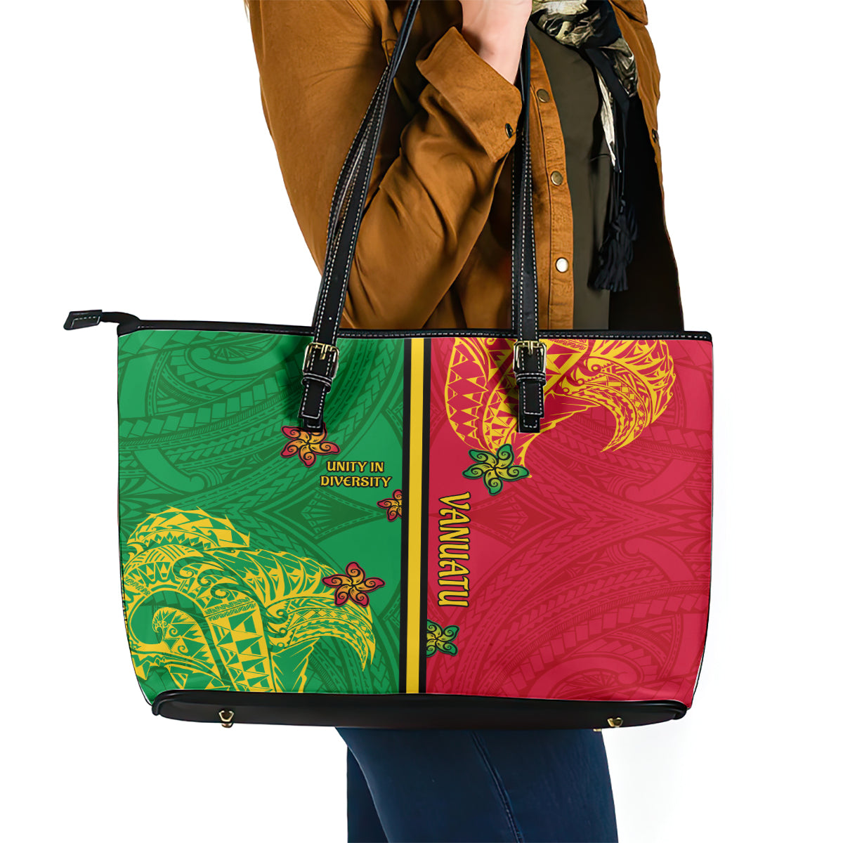 Vanuatu Happy Unity Day Leather Tote Bag Polynesian Plumeria LT05 - Polynesian Pride