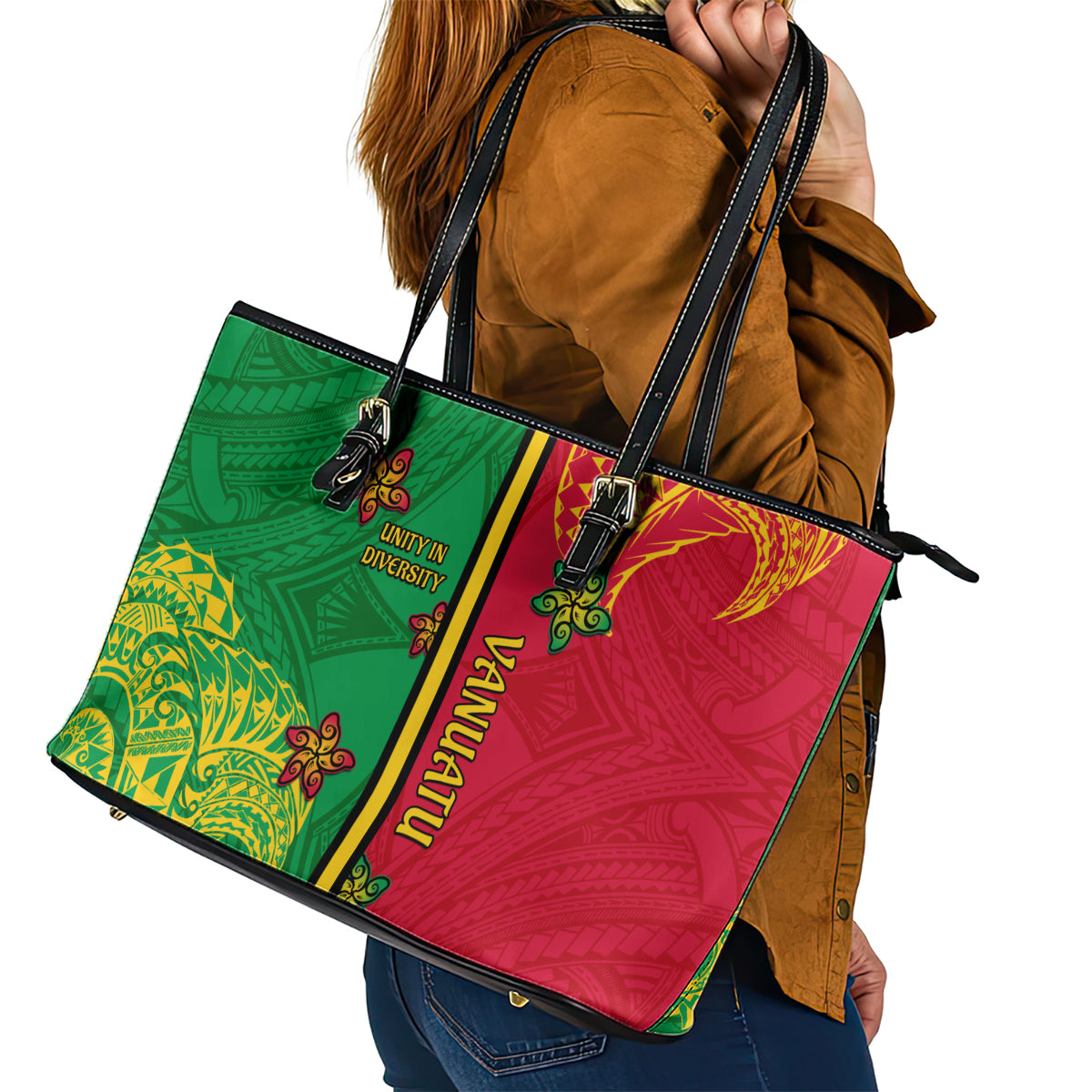Vanuatu Happy Unity Day Leather Tote Bag Polynesian Plumeria LT05 - Polynesian Pride