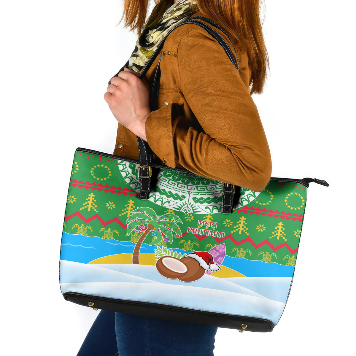 Cook Islands Christmas Leather Tote Bag Coconut Santa Beach Style LT05 Green - Polynesian Pride