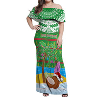 Personalised Cook Islands Christmas Off Shoulder Maxi Dress Coconut Santa Beach Style LT05 Women Green - Polynesian Pride