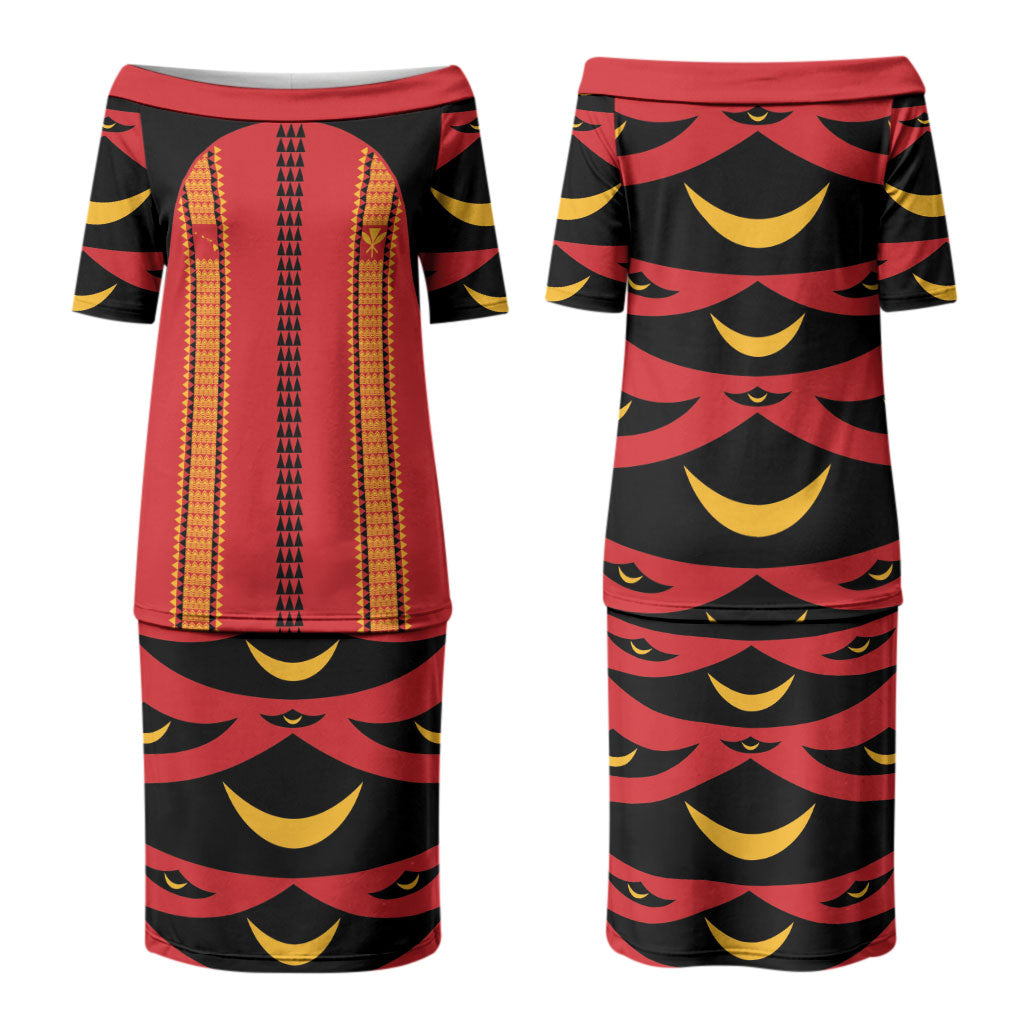 Hawaii Ahu Ula Inspired Couples Matching Puletasi and Long Sleeve Button Shirt Red Version LT05 - Polynesian Pride
